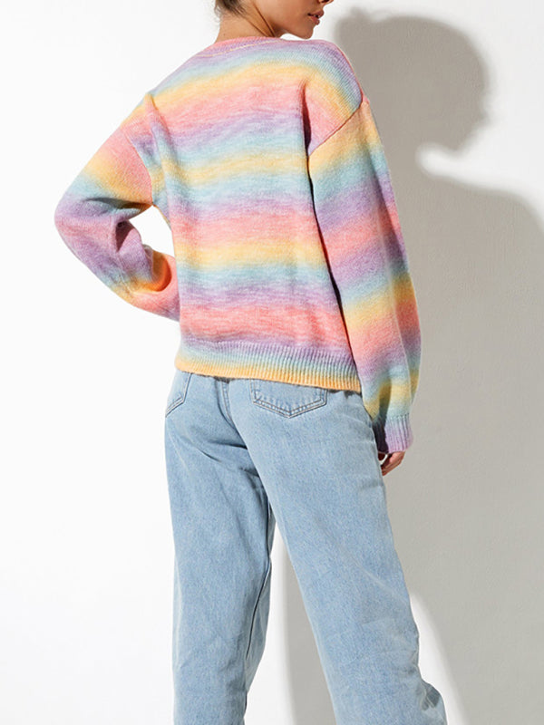 Striped Ombre Crew Neck Drop-Shoulder Sleeve Casual Sweater