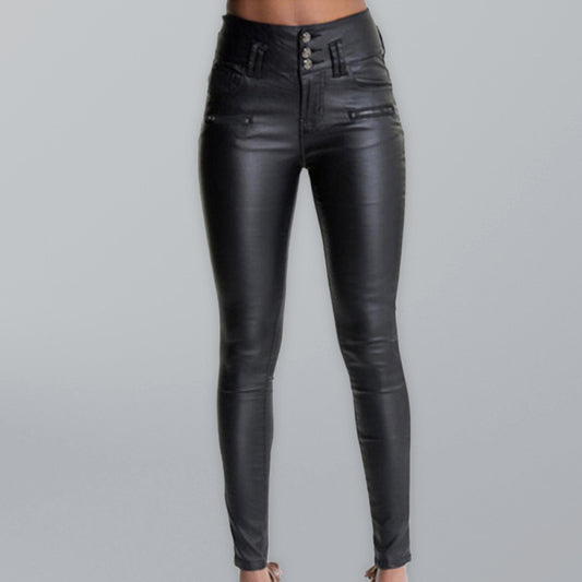 Women’s Faux Leather Exposed Button Closures At Front Belt Loops High Rise Skinny Pants