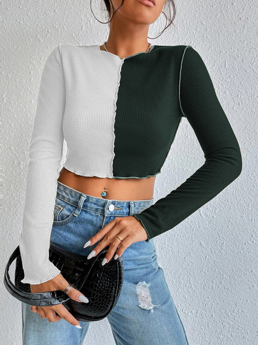 Women's Casual Colorblock Waffle Shorts Long Sleeve T-Shirt